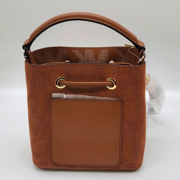 Michael Kors Suri Small Logo Perforated Suede Crossbody Bag in Luggage - Picture 3 of 5